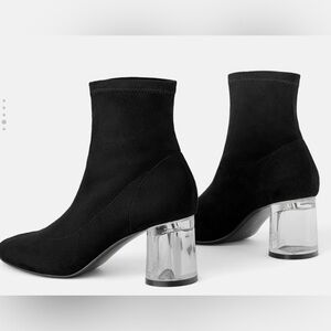 Zara Trafaluc black faux suede stretch sock ankle boots w/ acrylic heel, size 38